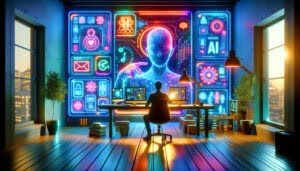 A person sits before a large windowed office at dusk, silhouetted against a visually striking holographic display that spans the wall, featuring a head profile and various symbols related to AI and automation. The glow of the screen casts colorful reflections on the wooden floor, highlighting a desk with monitors and digital devices, portraying a high-tech environment dedicated to innovative productivity.