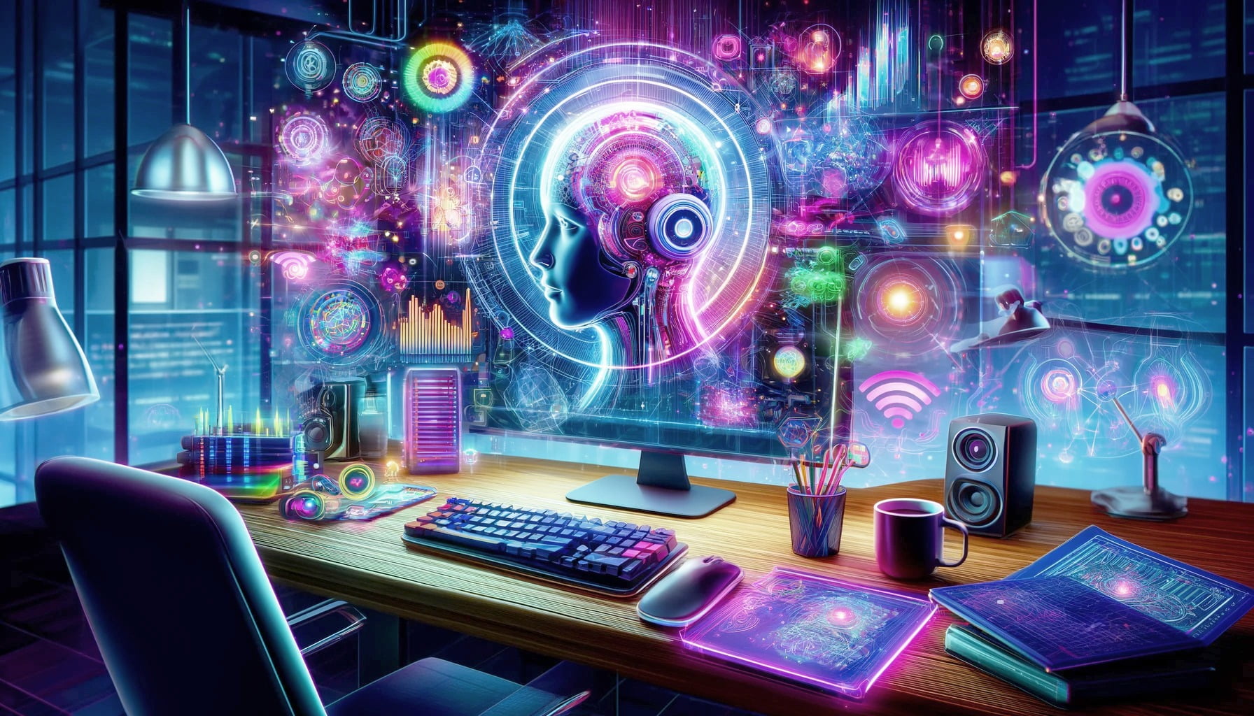 An imaginative and futuristic depiction of an artificial intelligence themed workstation. Holographic displays of a human head profile, intricate networks, and vibrant technological symbols hover above a sleek desk. The room has a dark, neon-lit ambiance with a panoramic window showing a cityscape at night. The desk is equipped with a mechanical keyboard, a modern computer monitor, a mug, and notebooks with glowing edges, all hinting at an advanced, interconnected workspace.