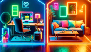 A cozy, modern workspace and living area separated by a neon light outline, blending work-life balance visually. The workspace has a sleek desk with a computer and neon-glowing shelves, while the living space features a comfortable couch with colorful cushions, a coffee table, and decorative plants, all bathed in warm neon light, representing a harmonious integration of professional and personal life.