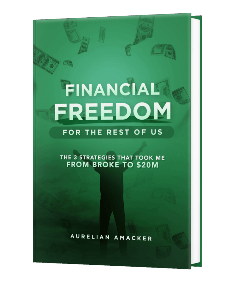 A mockup of a book cover titled "FINANCIAL FREEDOM FOR THE REST OF US" in large, capitalized white text. The subtitle reads "THE 3 STRATEGIES THAT TOOK ME FROM BROKE TO $20M" in smaller white lettering. The author's name, "AURELIAN AMACKER," is displayed at the bottom. The cover has a monochromatic green background with images of dollar bills floating around, and a silhouette of a person with arms raised as if celebrating. The design conveys a theme of achieving financial success.