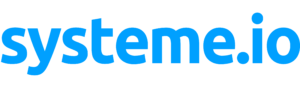 Logo of Systeme.io, featuring the word 'systeme' in a bold, sans-serif font with 'io' in a lighter weight, all in lower case. The text is in shades of blue and positioned on a white background.