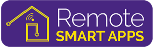 The logo for 'Remote SMART APPS,' featuring bold white and yellow text on a purple background. A stylized image of a smart home is depicted with lines that suggest connectivity and automation, including a Wi-Fi signal and a dynamic line that implies movement or control within the house, signifying the focus on smart technology for remote applications.